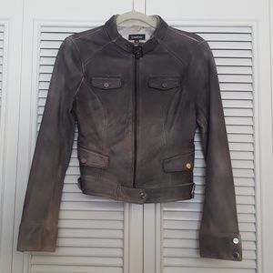 Bebe Distressed Gray Leather Jacket